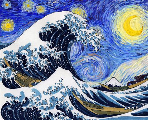 Hokusai,“The Great Wave off Kanagawa” + van Gogh,“Starry night” Art Print by DOHSHIN | Starry ...