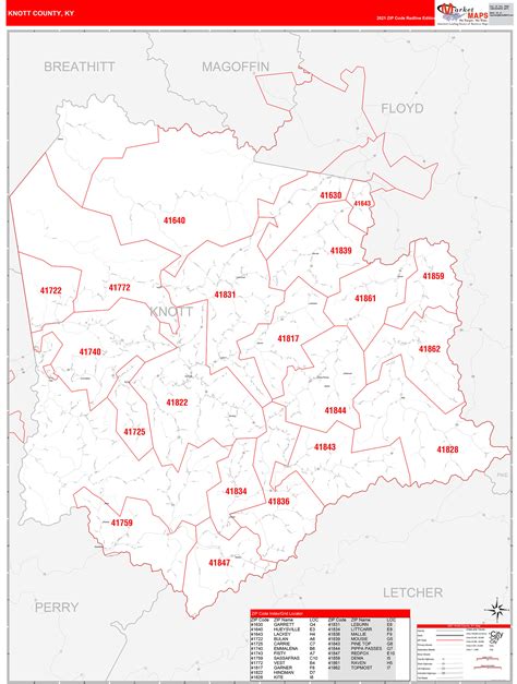 Knott County, KY Zip Code Wall Map Red Line Style by MarketMAPS - MapSales