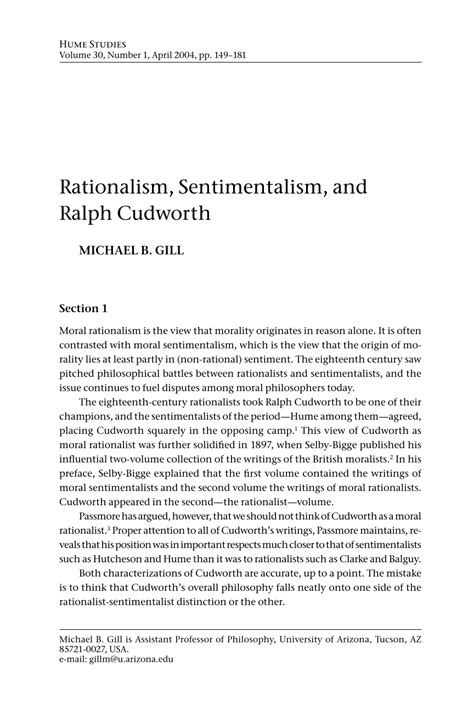 Rationalism, Sentimentalism, and Ralph Cudworth - Michael B. Gill - Hume Studies (Philosophy ...