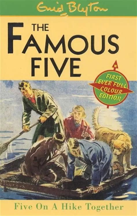 the famous five book cover shows two men in a row boat with dogs on it