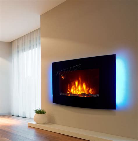 Wall Mounted Electric Fireplace Glass Heater Fire Remote Control LED ...