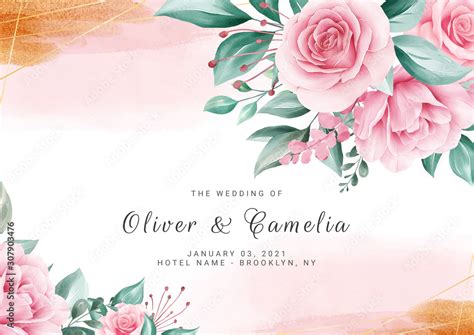 Watercolor floral background for wedding invitation card template with flowers and gold ...