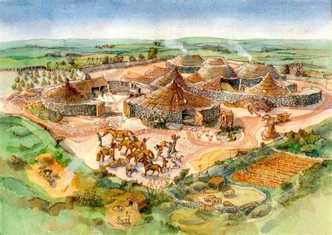 Reconstruction drawing of a Cornish prehistoric settlement of round stone huts. | Iron age ...