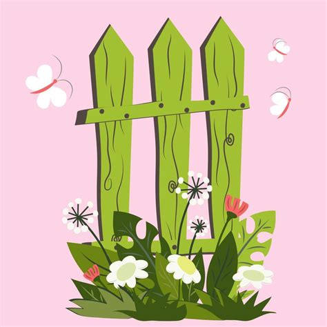 Spring clip art with wild flowers, butterflies and green fence. Dandelions, tulips, daisies ...