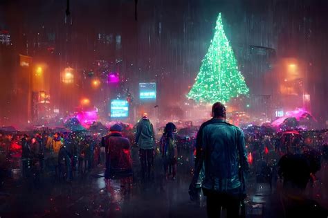 Cyberpunk neon illuminated city street at christmas night with crowd of people and turquoise ...