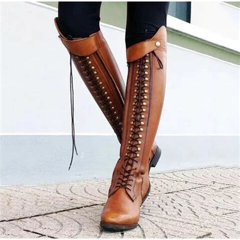 Women knee high boots vintage pu leather lace up riding boots cross ...