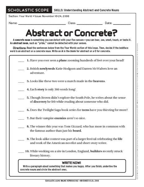 Nouns Abstract And Concrete Worksheets