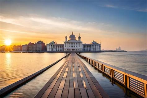 Premium Photo | A bridge over the water at sunset