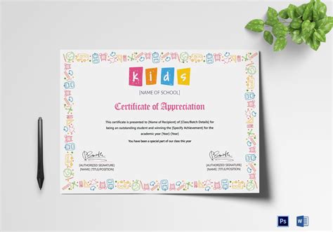 Outstanding Student Appreciation Certificate Design Template in PSD, Word