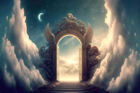 Premium Photo | Heaven fantasy gate with bird's wing in the colorful skyline