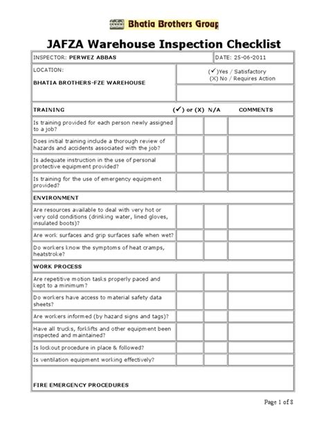 JAFZA Warehouse Inspection Checklists | Forklift | Warehouse