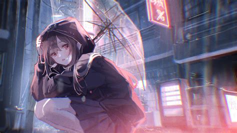 Anime Girls, Squatting, Oyuyu, Anime, Umbrella, Tongue Out, Brunette, Rain, Red Eyes | HD ...