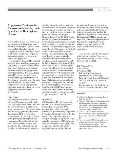 (PDF) Aripiprazole Treatment for Choreoathetoid and Psychotic Symptoms of Huntington’s Disease