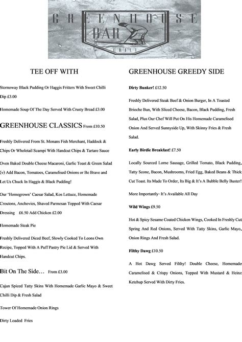 Menu at Greenhouse Bar & Grill, Cupar