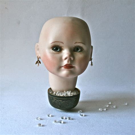 Beautiful Porcelain Doll Head with Grey Glass Eyes and Dangle