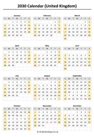 Download 2030 Uk Calendar Printable with Holidays (Landscape Layout)