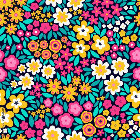 Vector seamless pattern with flat flowers and leaves. Cute floral ...