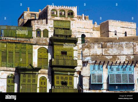 Saudi Arabia, Jeddah, Traditional architecture in the old part of the town with arabic windows ...