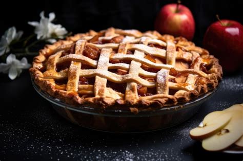 Premium AI Image | Apple pie with a frenchstyle lattice crust on a dark ...