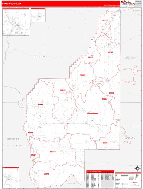 Grant County, WA Zip Code Wall Map Red Line Style by MarketMAPS