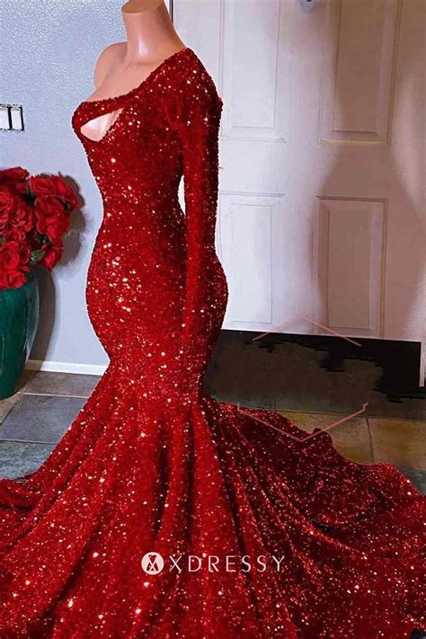 Sparkly Red Sequin One Shoulder Sleeve Prom Dress - Xdressy