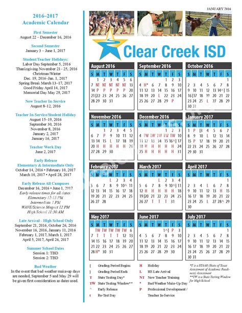 2016 - 2017 Academic Calendar | Clear Creek Independent School District – League City, TX