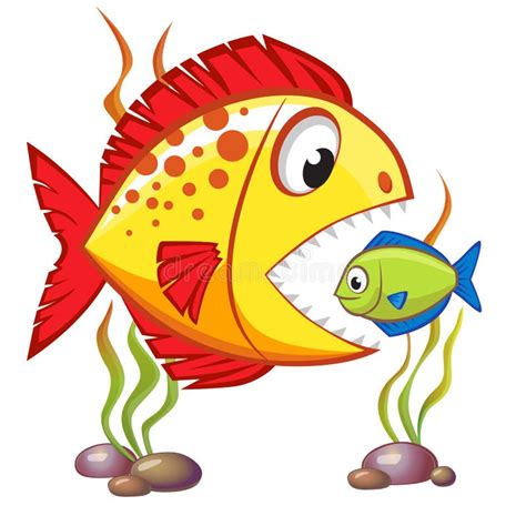 Cute Cartoon Big Fish Eat Small Fish. Business Concept Stock Vector ...