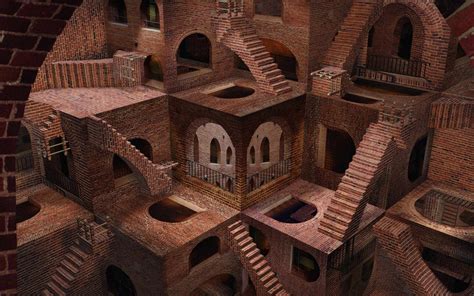 Red bricked stairs, digital art, optical illusion, brown, M. C. Escher ...