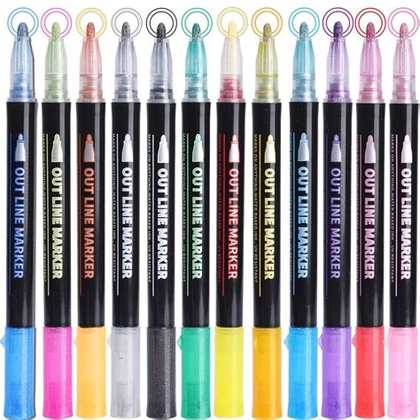 Double Line Outline Pens,12 Colors Self-Outline Metallic Markers ...