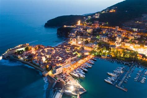 Aerial View of the Old Town Budva at Night Stock Photo - Image of ...