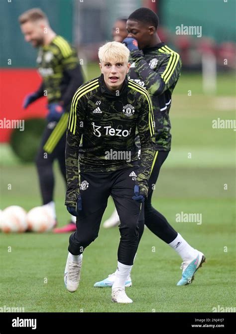 Manchester United's Alejandro Garnacho during a training session at the Aon Training Complex ...