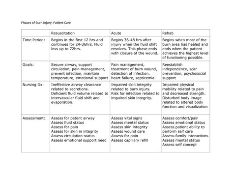 NUR2790 Phases of Burn Injury - Phases of Burn Injury: Paent Care Resuscitation Acute Rehab Time ...