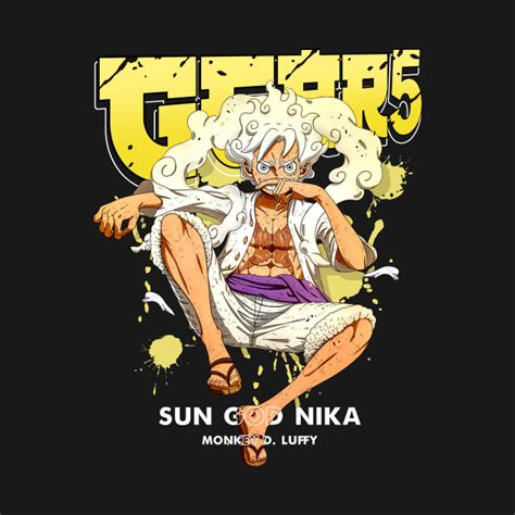 an anime character sitting on top of a black background with the words sun god nika