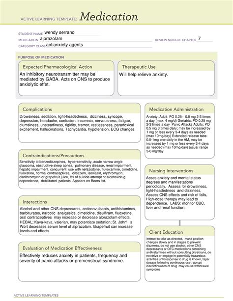 ATI medication template (15) - ACTIVE LEARNING TEMPLATES Medication STUDENT NAME - Studocu