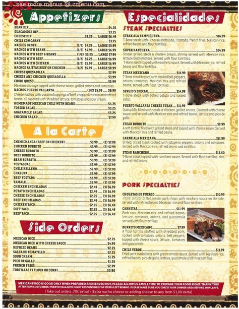 Menu at Puerto Vallarta Mexican Restaurant, Scottsburg