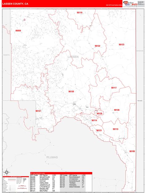 Lassen County, CA Zip Code Wall Map Red Line Style by MarketMAPS - MapSales