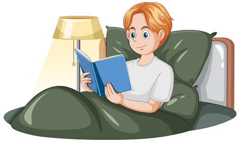 Teenage Boy Reading Book On Bed Stock Illustration - Download Image Now ...