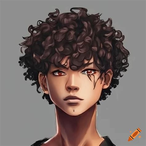 Japanese anime-inspired male character with dark brown skin and curly hair on Craiyon