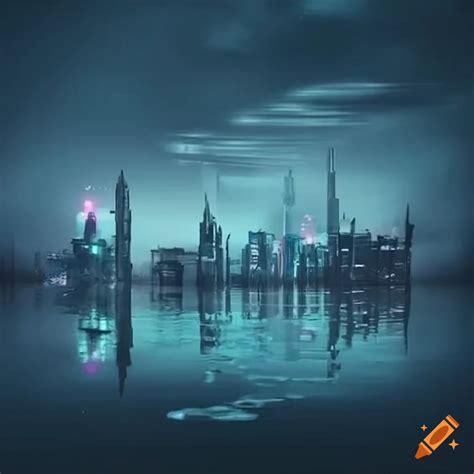 Futuristic cyberpunk cityscape with water