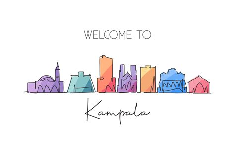 Single continuous line drawing Kampala city skyline, Uganda. Famous city scraper and landscape ...