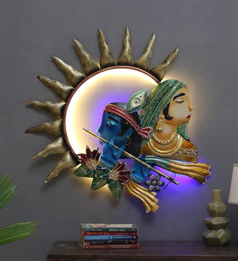 Buy Wrought Iron Lord Krishna Wall Art With LED In Gold By Malik Design ...