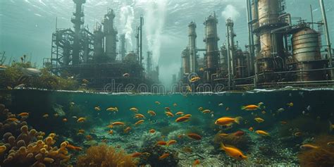 Underwater Cityscape with Illuminated Buildings Surrounded by Marine ...