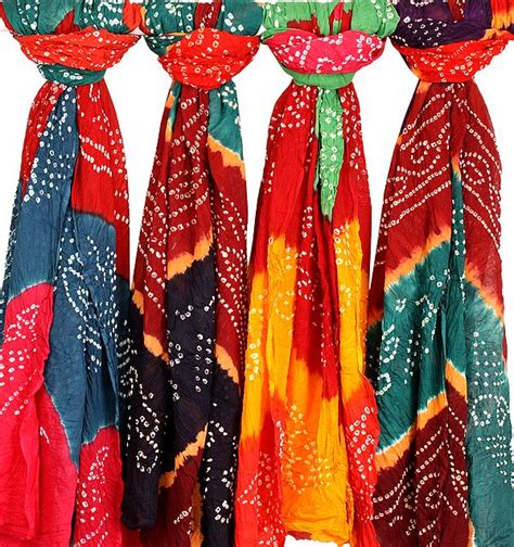 Lot of Four Bandhani Tie-Dye Dupattas from Jodhpur | Exotic India Art