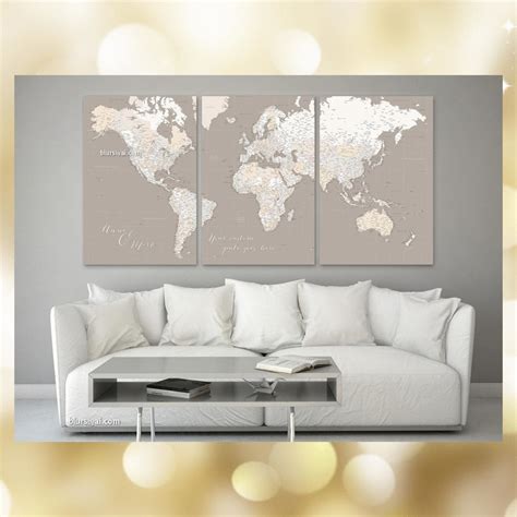 Large multi panel world map canvas print or push pin map, highly detailed world map with cities ...