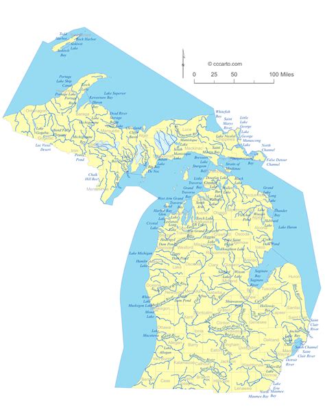 State of Michigan Water Feature Map and list of county Lakes, Rivers ...