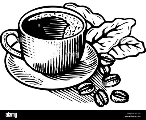 Black and white cartoon illustration of a cup of coffee and coffee beans Stock Photo - Alamy