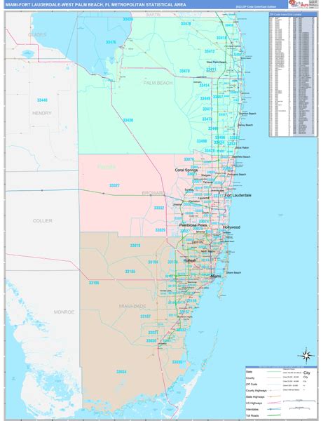 Miami-Fort Lauderdale-West Palm Beach, FL Metro Area Wall Map Color ...