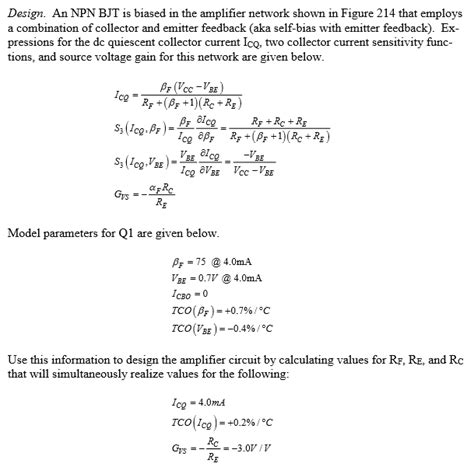 Solved Design. An NPN BJT is biased in the amplifier network | Chegg.com