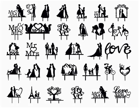 wedding cake toppers with the word love on them and silhouettes of bride and groom
