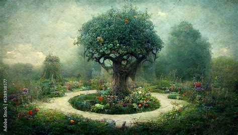 Garden of eden with the tree of life, tree of knoledge, beautiful illustration Stock ...